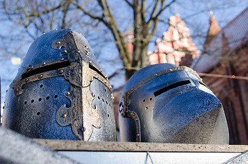 Image showing iron medieval warrior helmet imitation market fair 