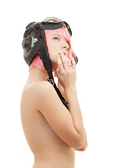 Image showing topless pink hair girl in aviator helmet