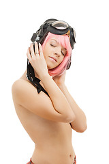 Image showing topless pink hair girl in aviator helmet