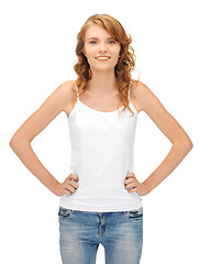 Image showing smiling teenage girl in blank white t-shirt