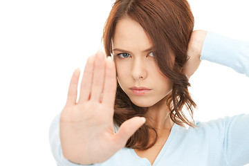 Image showing woman making stop gesture