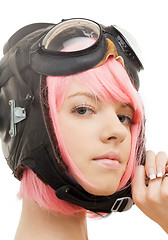 Image showing pink hair girl in aviator helmet