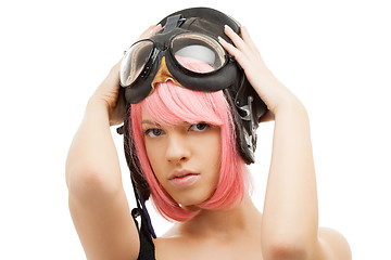 Image showing pink hair girl in aviator helmet