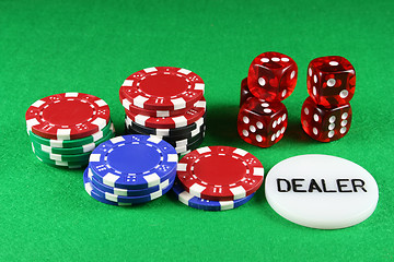 Image showing Poker Chips and 5 Dice