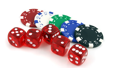 Image showing Poker chips and 5 dice