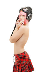 Image showing topless pink hair girl in aviator helmet