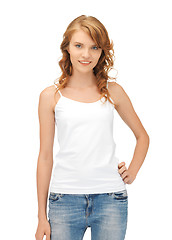 Image showing smiling teenage girl in blank white t-shirt