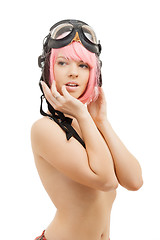 Image showing topless pink hair girl in aviator helmet