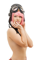 Image showing topless pink hair girl in aviator helmet