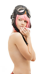 Image showing topless pink hair girl in aviator helmet