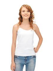 Image showing smiling teenage girl in blank white t-shirt