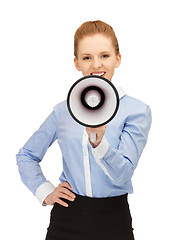 Image showing happy woman with megaphone