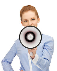 Image showing happy woman with megaphone