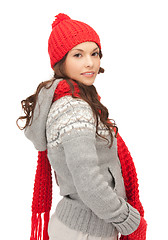 Image showing beautiful woman in hat, muffler and mittens