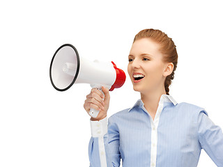 Image showing happy woman with megaphone