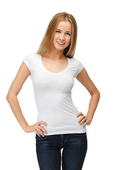 Image showing smiling teenage girl in blank white t-shirt