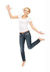 Image showing jumping woman in blank white t-shirt