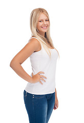 Image showing smiling teenage girl in blank white t-shirt