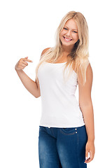 Image showing smiling teenage girl in blank white t-shirt