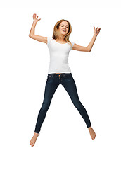 Image showing jumping teenage girl in blank white t-shirt