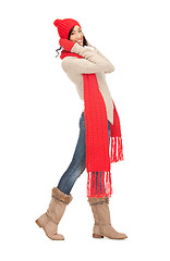 Image showing beautiful woman in hat, muffler and mittens