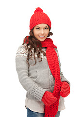 Image showing beautiful woman in hat, muffler and mittens