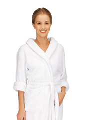 Image showing beautiful woman in white bathrobe