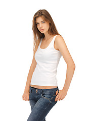 Image showing calm and serious woman in blank white t-shirt