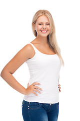 Image showing smiling teenage girl in blank white t-shirt