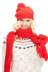 Image showing beautiful woman in hat, muffler and mittens