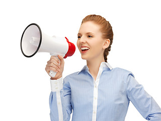 Image showing happy woman with megaphone