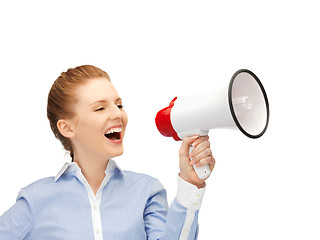 Image showing happy woman with megaphone