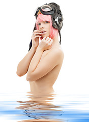 Image showing topless pink hair girl in aviator helmet