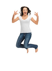 Image showing jumping woman in blank white t-shirt
