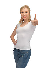 Image showing woman in blank white t-shirt with thumbs up