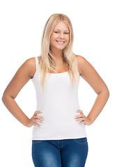 Image showing smiling teenage girl in blank white t-shirt