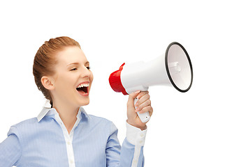 Image showing happy woman with megaphone