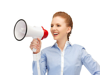 Image showing happy woman with megaphone