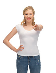 Image showing woman in blank white t-shirt pointing her finger