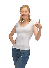 Image showing woman in blank white t-shirt with thumbs up