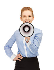 Image showing happy woman with megaphone