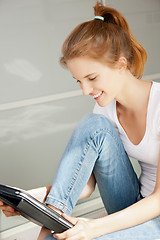 Image showing happy teenage girl with tablet pc computer
