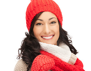 Image showing beautiful woman in hat, muffler and mittens