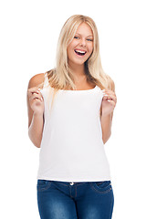 Image showing smiling teenage girl in blank white t-shirt