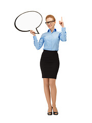 Image showing smiling businesswoman with blank text bubble