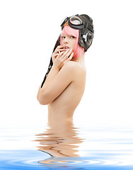 Image showing topless pink hair girl in aviator helmet