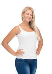 Image showing smiling teenage girl in blank white t-shirt