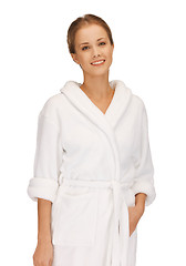 Image showing beautiful woman in white bathrobe