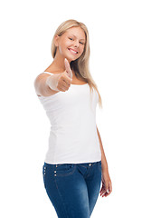 Image showing teenage girl in blank white t-shirt with thumbs up