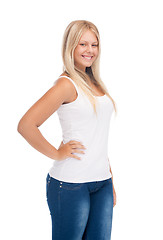 Image showing smiling teenage girl in blank white t-shirt